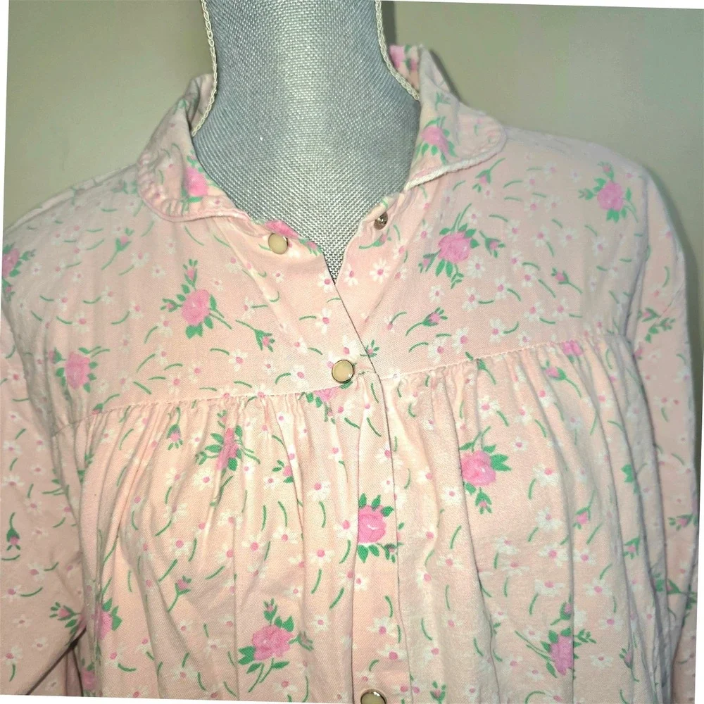 Lady Lindsay Vintage Pink Floral Cotton Flannel Nightgown Long Sleeve Large 9070